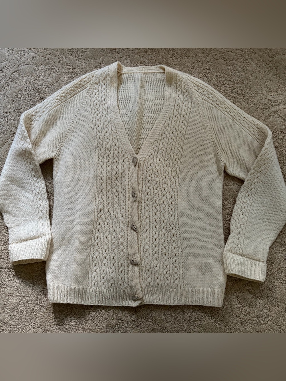 Vintage Hand Knit Wool? Fisherman Cardigan w/ Antler Style Buttons Large